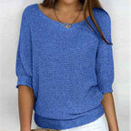 Women's Blue Textured Knit Scoop Neck Balloon Sleeve Winter Sweater Blue