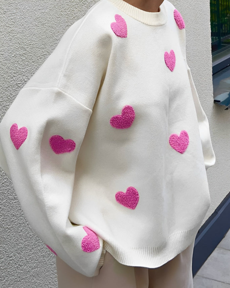 Women's Comfy Love Sweater White - Pink Hearts