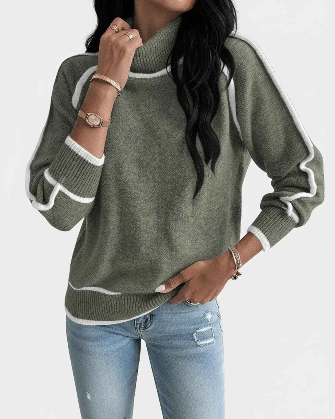Women's Contrast Trim Turtleneck Knit Sweater Green