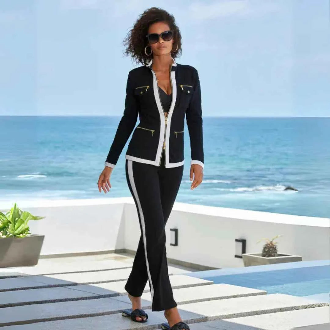 Women's Contrast-Trim Zip Jacket and Pant Set Black