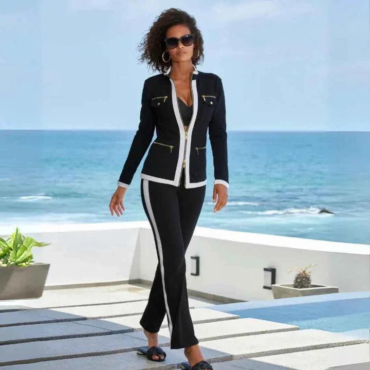 Women's Contrast-Trim Zip Jacket and Pant Set Black