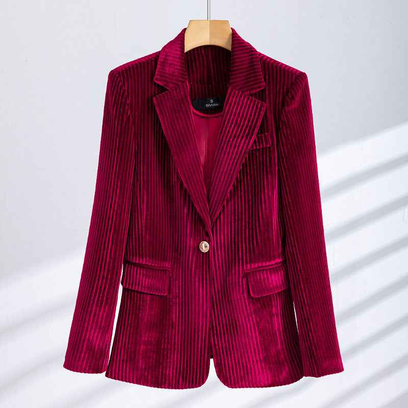 Women's Corduroy Blazer Tailored Fit Button Closure Crimson Red Winter Crimson Red