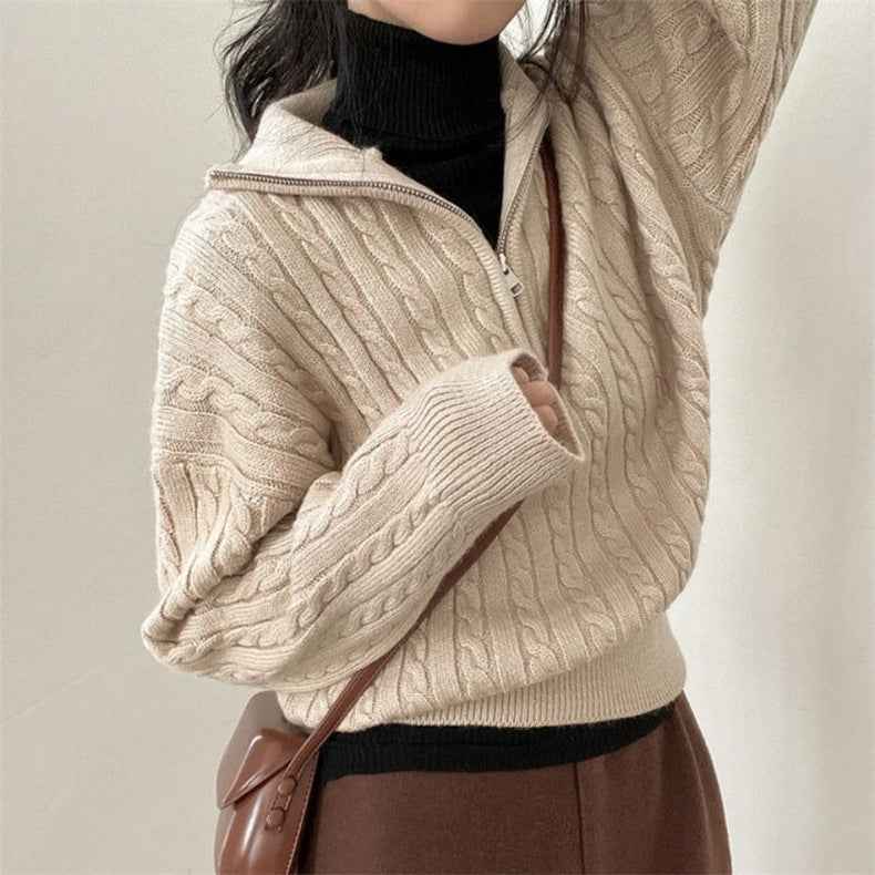 Women's Cotton Zipper Sweater Khaki