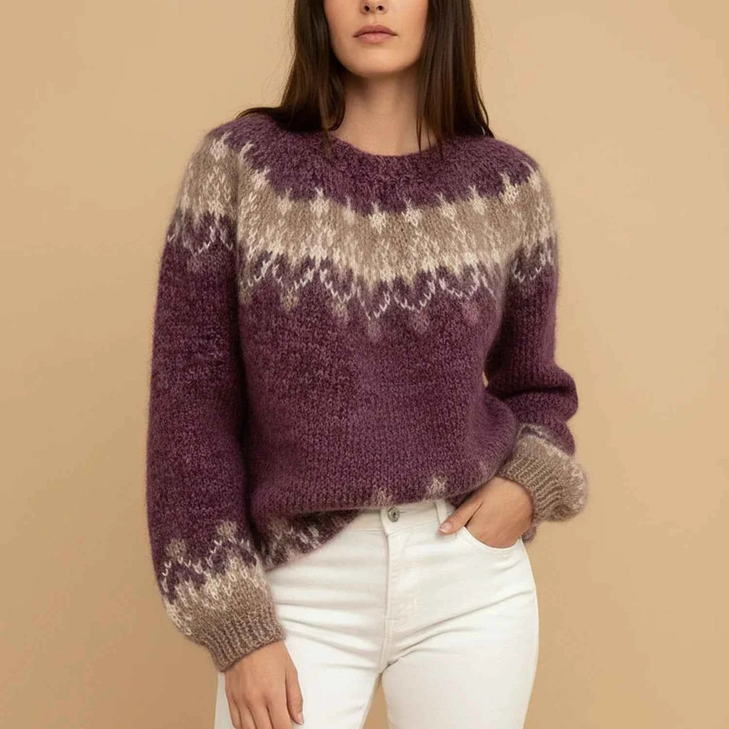 Women's Oversized Relaxed Fit Crew Neck Fair Isle Gray Winter Sweater Red