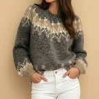 Women's Oversized Relaxed Fit Crew Neck Fair Isle Gray Winter Sweater Gray