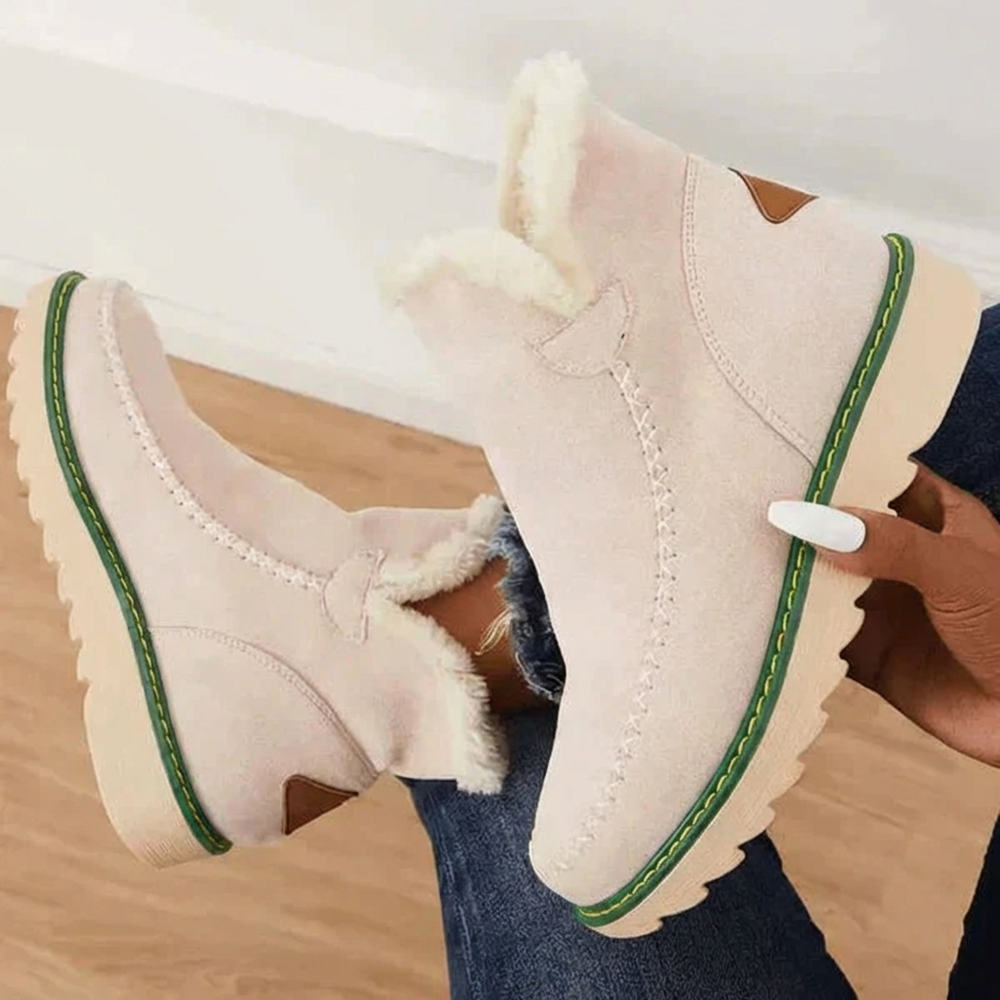 Women's Cozy Fleece-Lined Platform Slip-On Ankle Boots – Stylish Comfort Beige