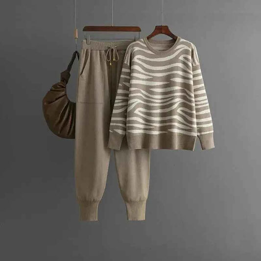 Women's Beige Cashmere Zebra Print Drawstring Knit Lounge Set Khaki One Size