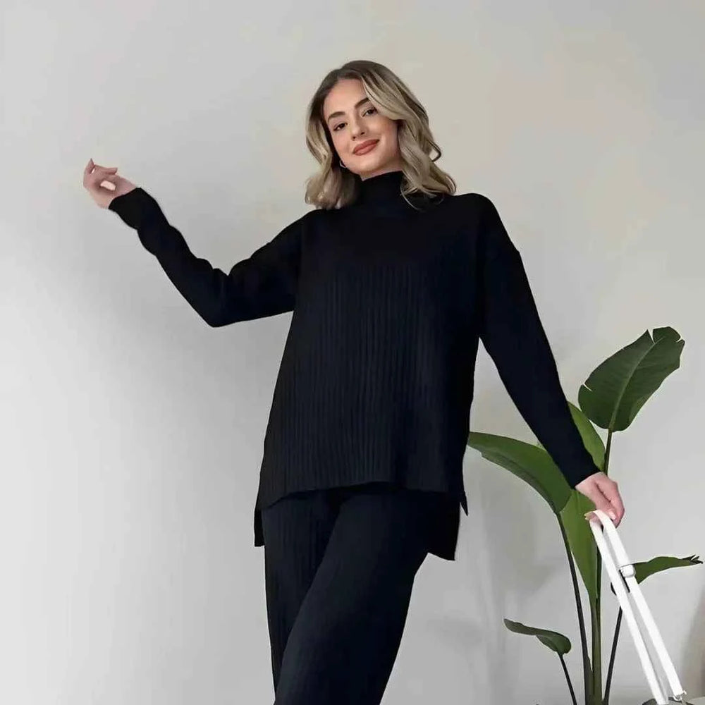 Women's Cozy Knitted Turtleneck Sweater and Wide-Leg Lounge Pants Set