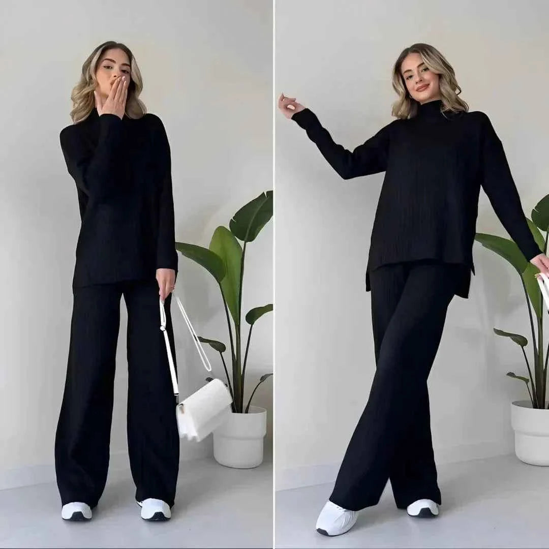 Women's Cozy Knitted Turtleneck Sweater and Wide-Leg Lounge Pants Set Black