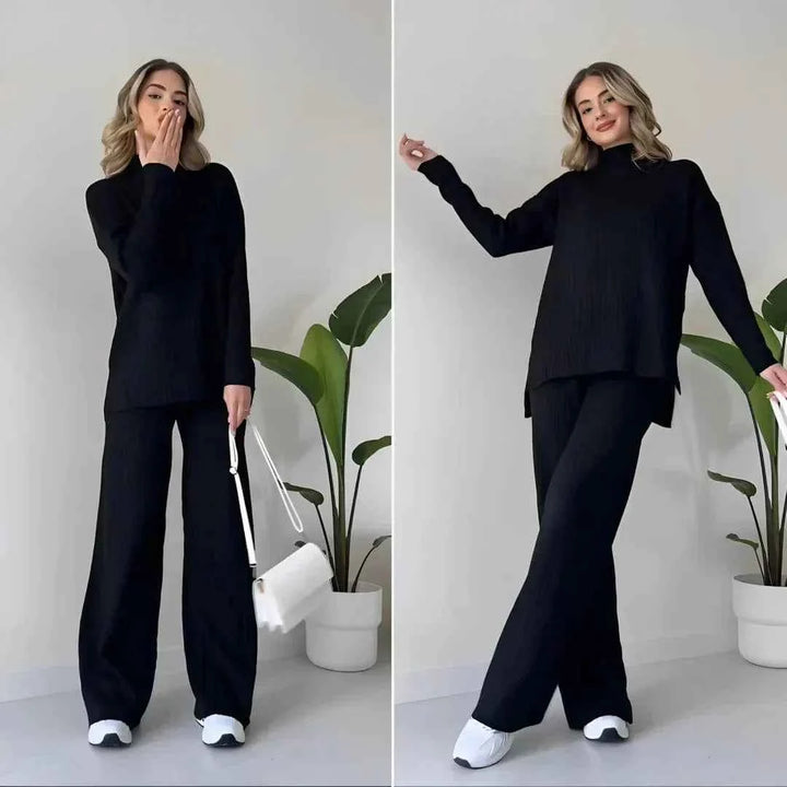 Women's Cozy Knitted Turtleneck Sweater and Wide-Leg Lounge Pants Set Black