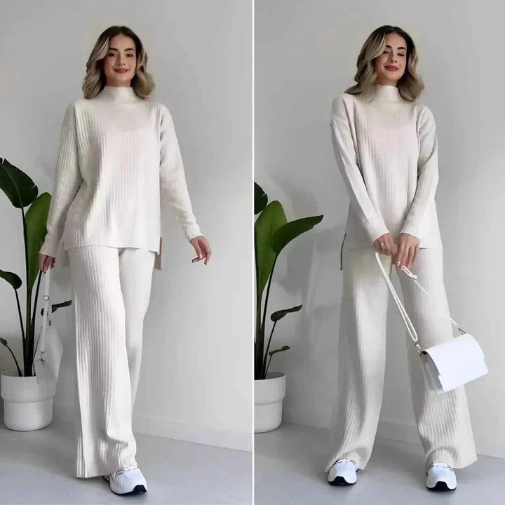 Women's Cozy Knitted Turtleneck Sweater and Wide-Leg Lounge Pants Set White