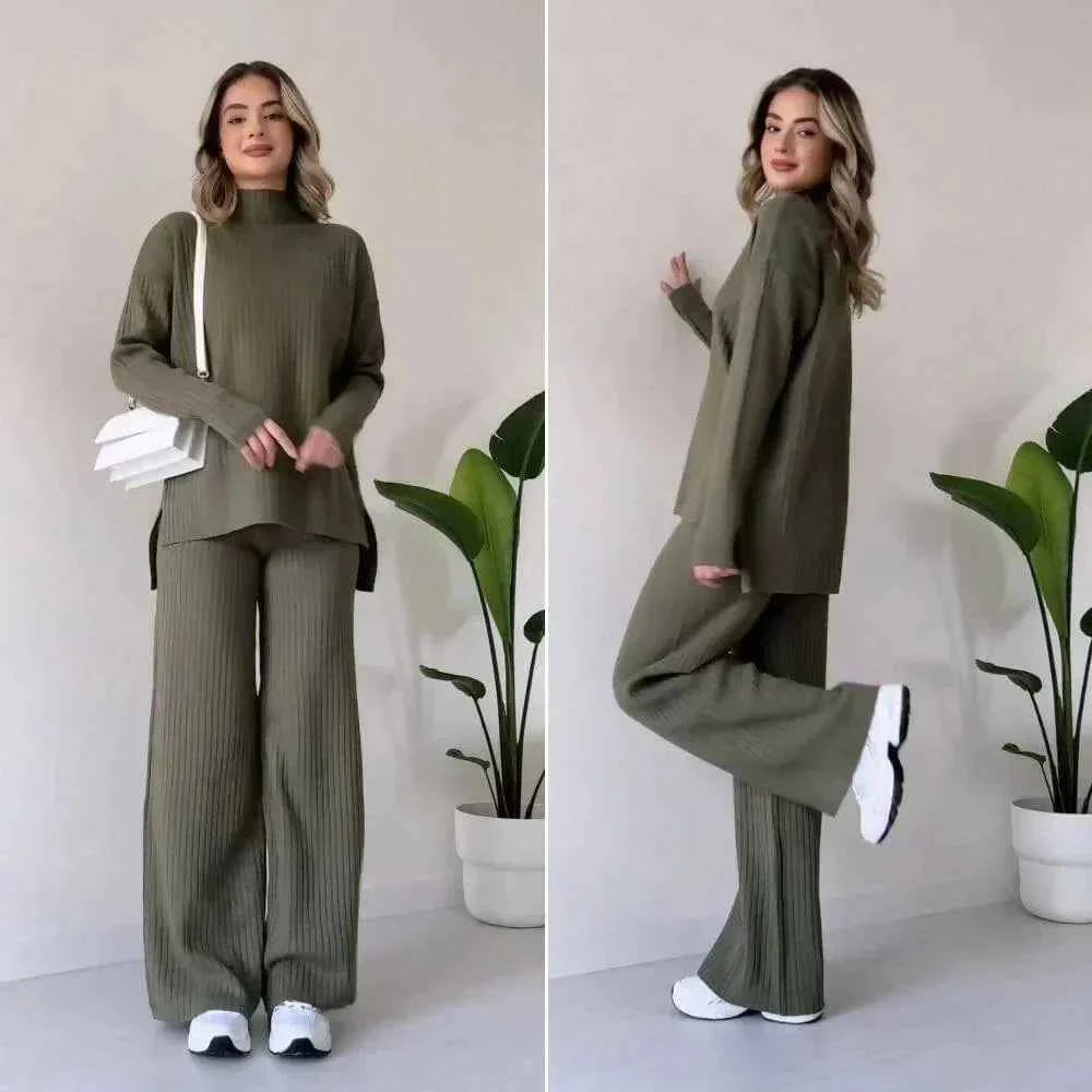 Women's Cozy Knitted Turtleneck Sweater and Wide-Leg Lounge Pants Set Green