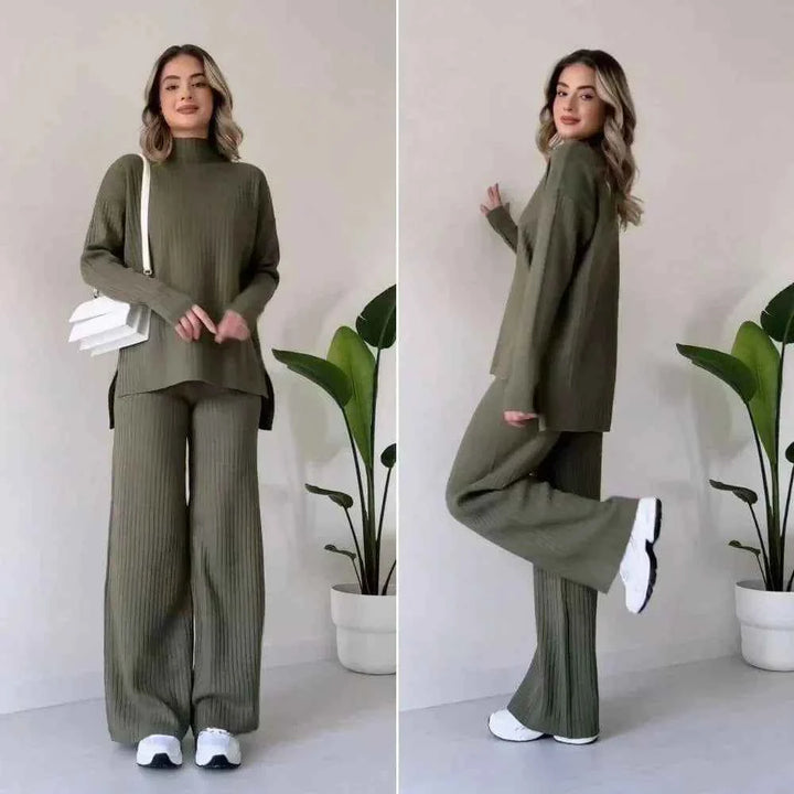 Women's Cozy Knitted Turtleneck Sweater and Wide-Leg Lounge Pants Set Green