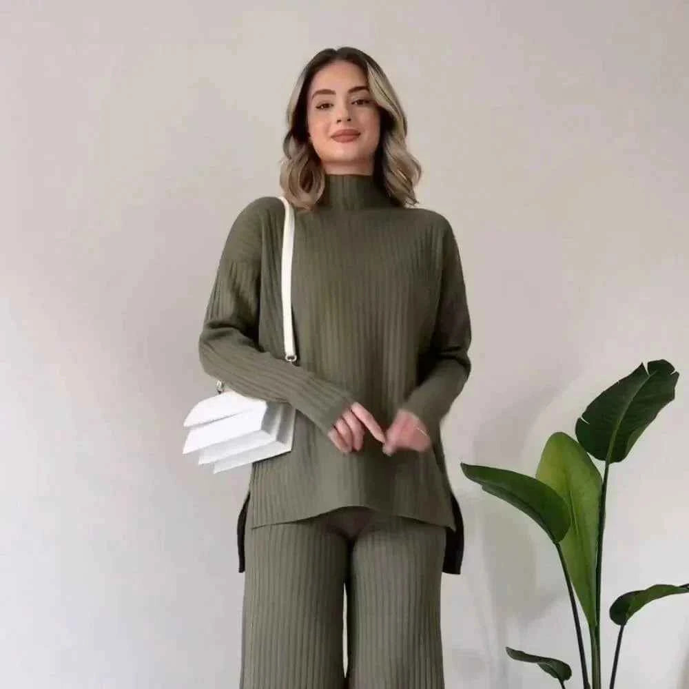 Women's Cozy Knitted Turtleneck Sweater and Wide-Leg Lounge Pants Set