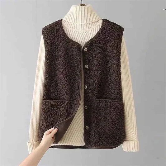 Women's Beige Lambswool Blend Button Front Pocket Winter Vest Brown