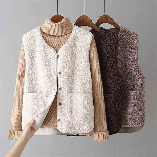 Women's Beige Lambswool Blend Button Front Pocket Winter Vest Beige