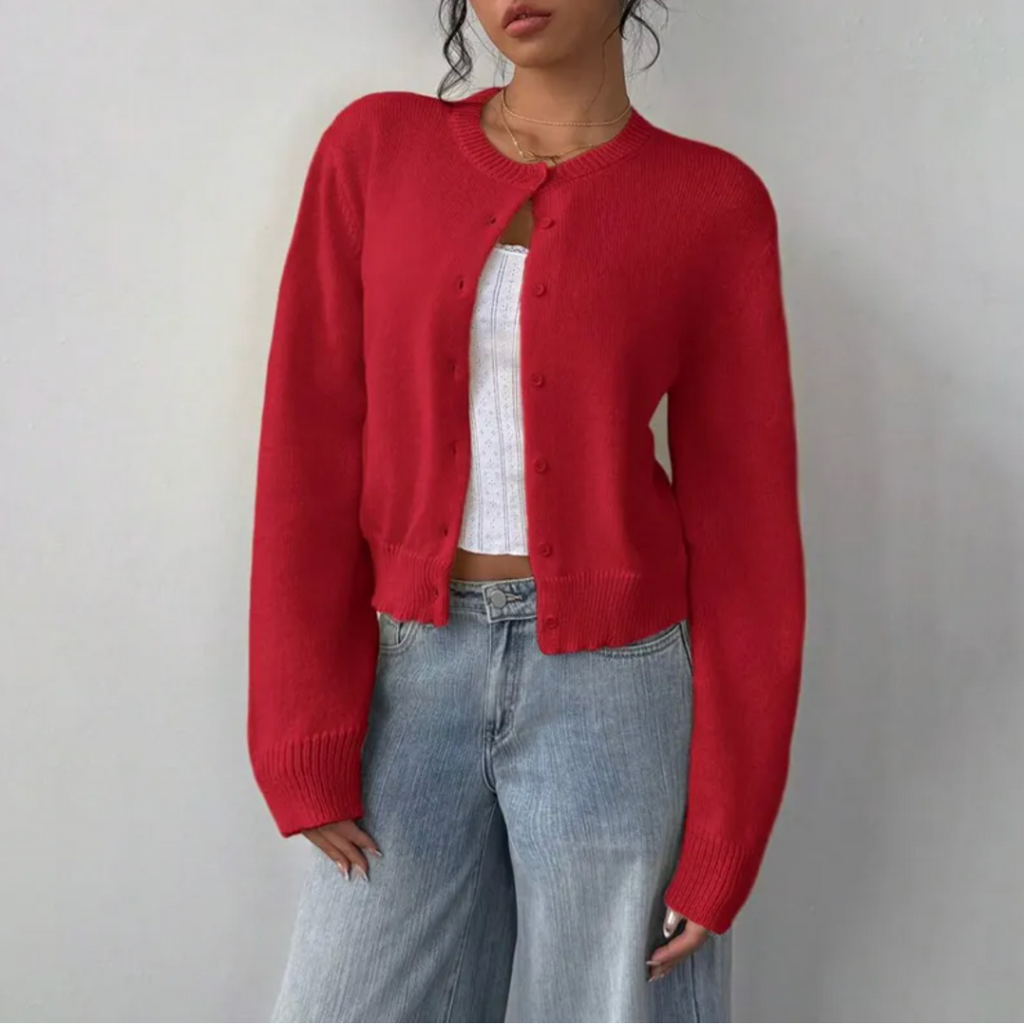 Women's Spring Cropped Button Cardigan Red