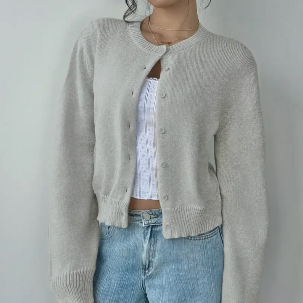 Women's Spring Cropped Button Cardigan Grey