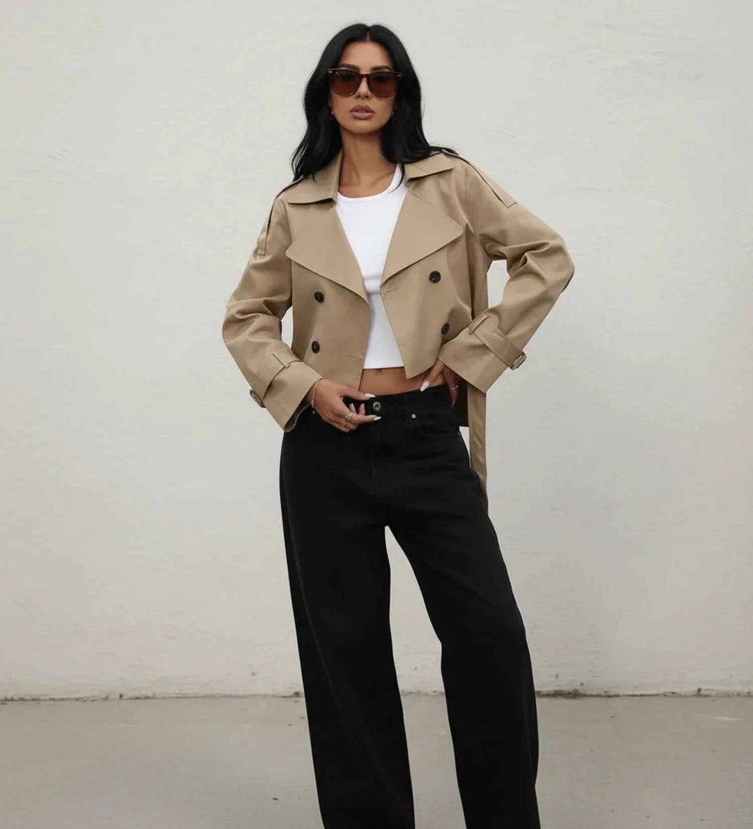 Women's Cropped Double-Breasted Trench Jacket Khaki