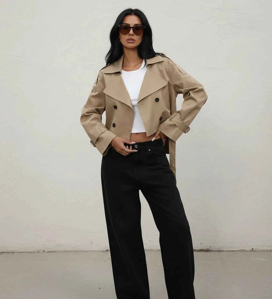 Women's Cropped Double Breasted Relaxed Fit Trench Jacket Khaki