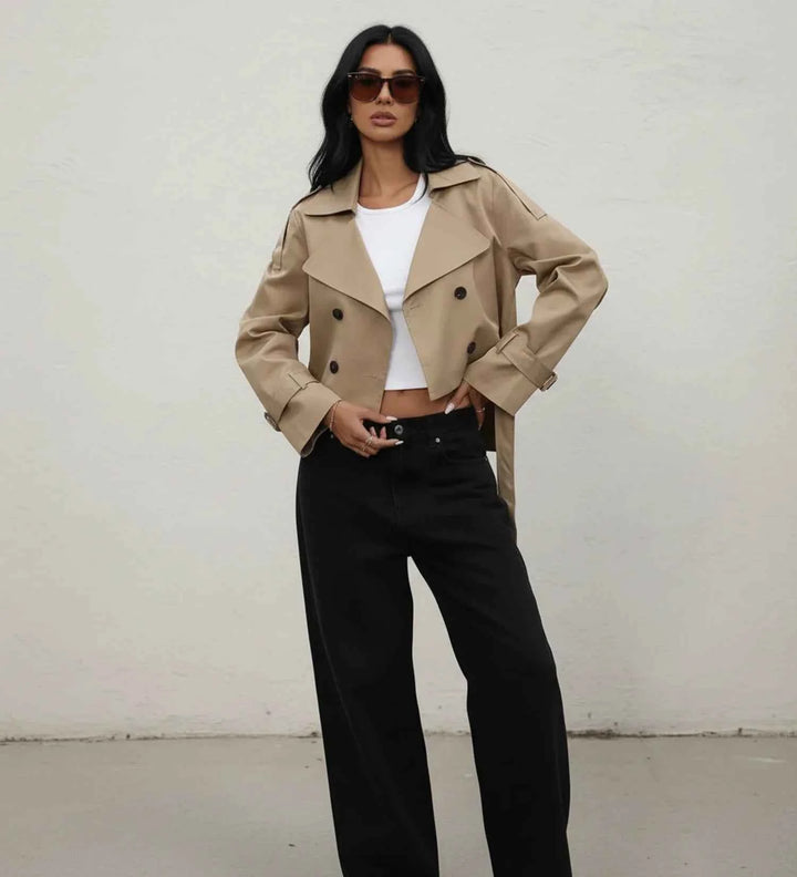 Women's Cropped Double-Breasted Trench Jacket Khaki