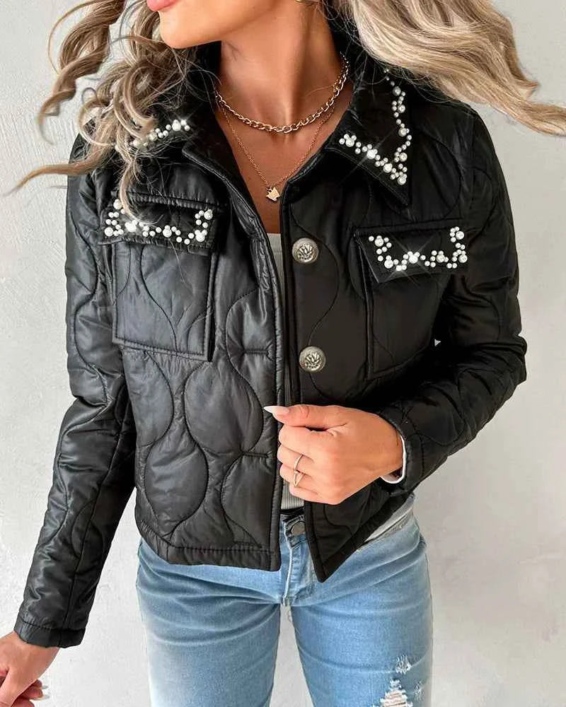 Women's Cropped Fitted Quilted Jacket - Stylish & Warm Black Pearls