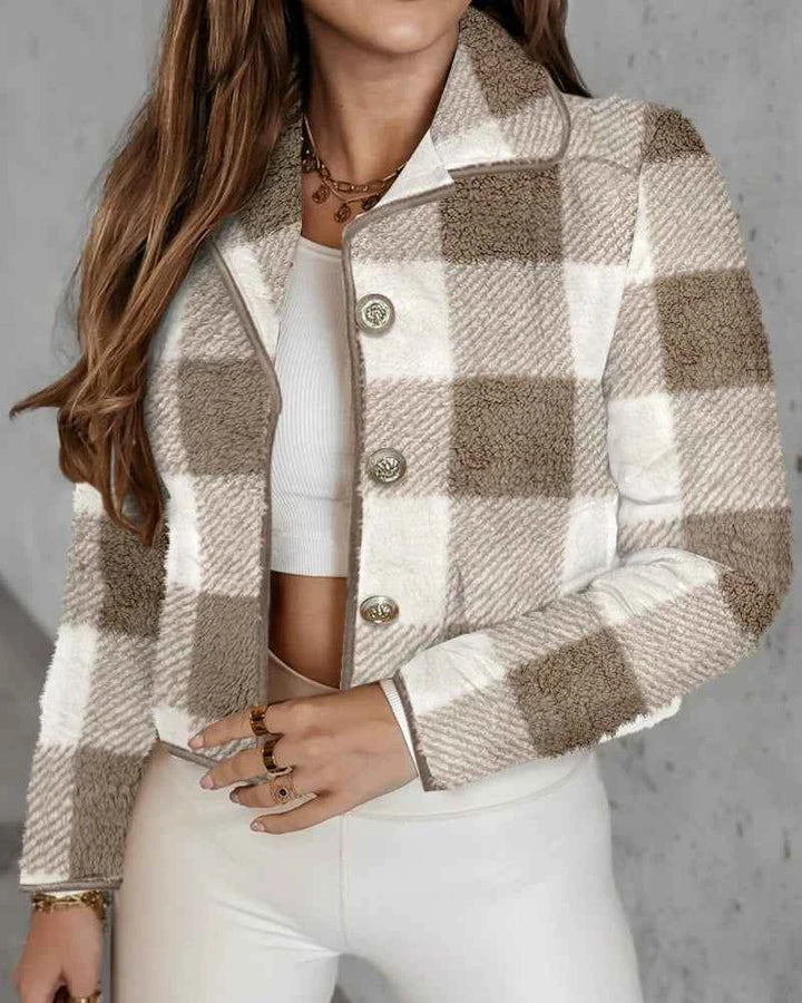 Women's Cropped Fitted Quilted Jacket - Stylish & Warm Brown White