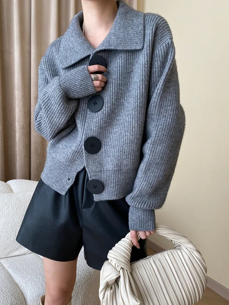 Women's Cropped Knit Collar Cardigan Sweater Gray One Size Fits All