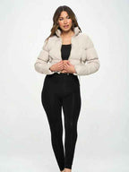 Women's Polyester Cropped Puffer Stand Collar Side Pockets Jacket Creme