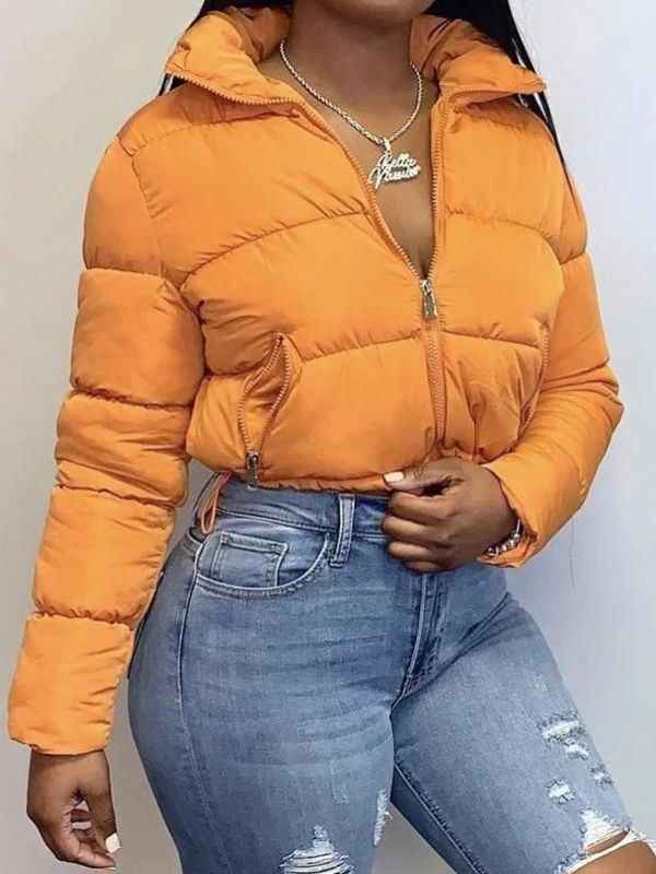 Women's Cropped Winter Puffer Jacket - Warm & Stylish Orange