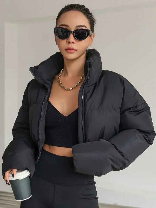 Women's Cropped Winter Puffer Jacket - Warm & Stylish Black