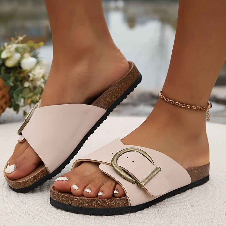 Women's Decorative Buckle Sandals with Cork-Style Insole