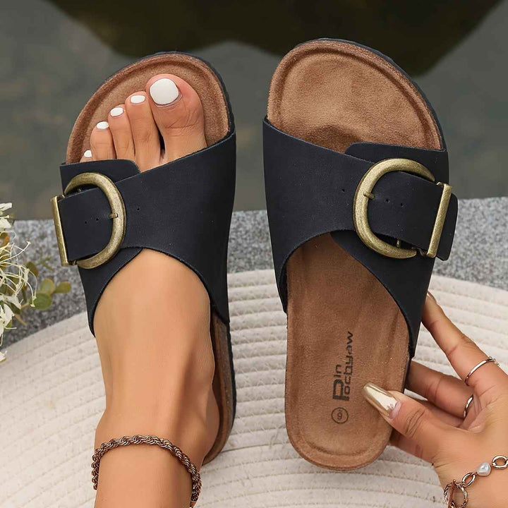 Women's Decorative Buckle Sandals with Cork-Style Insole Black