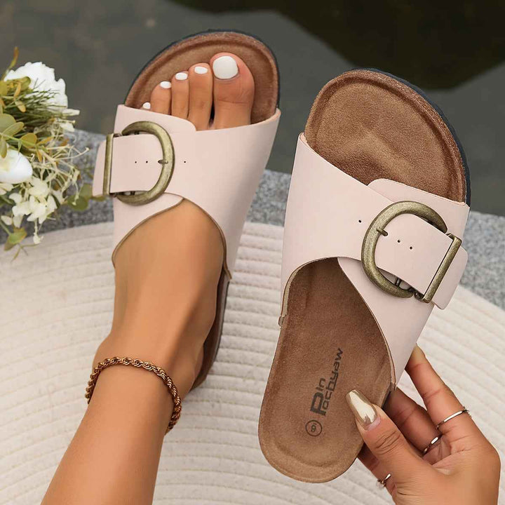 Women's Decorative Buckle Sandals with Cork-Style Insole