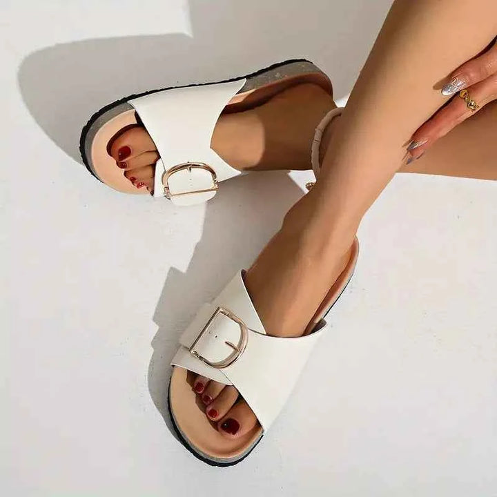 Women's Decorative Buckle Sandals with Cork-Style Insole