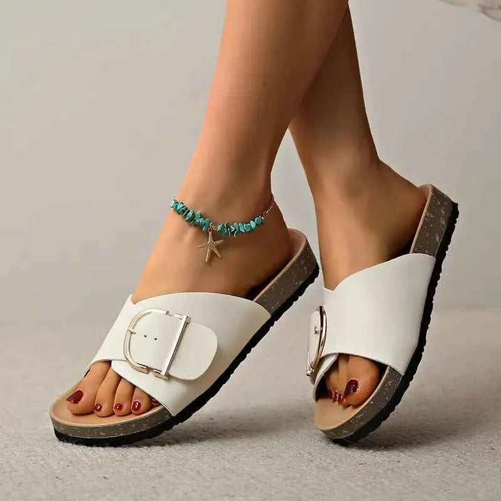 Women's Decorative Buckle Sandals with Cork-Style Insole White