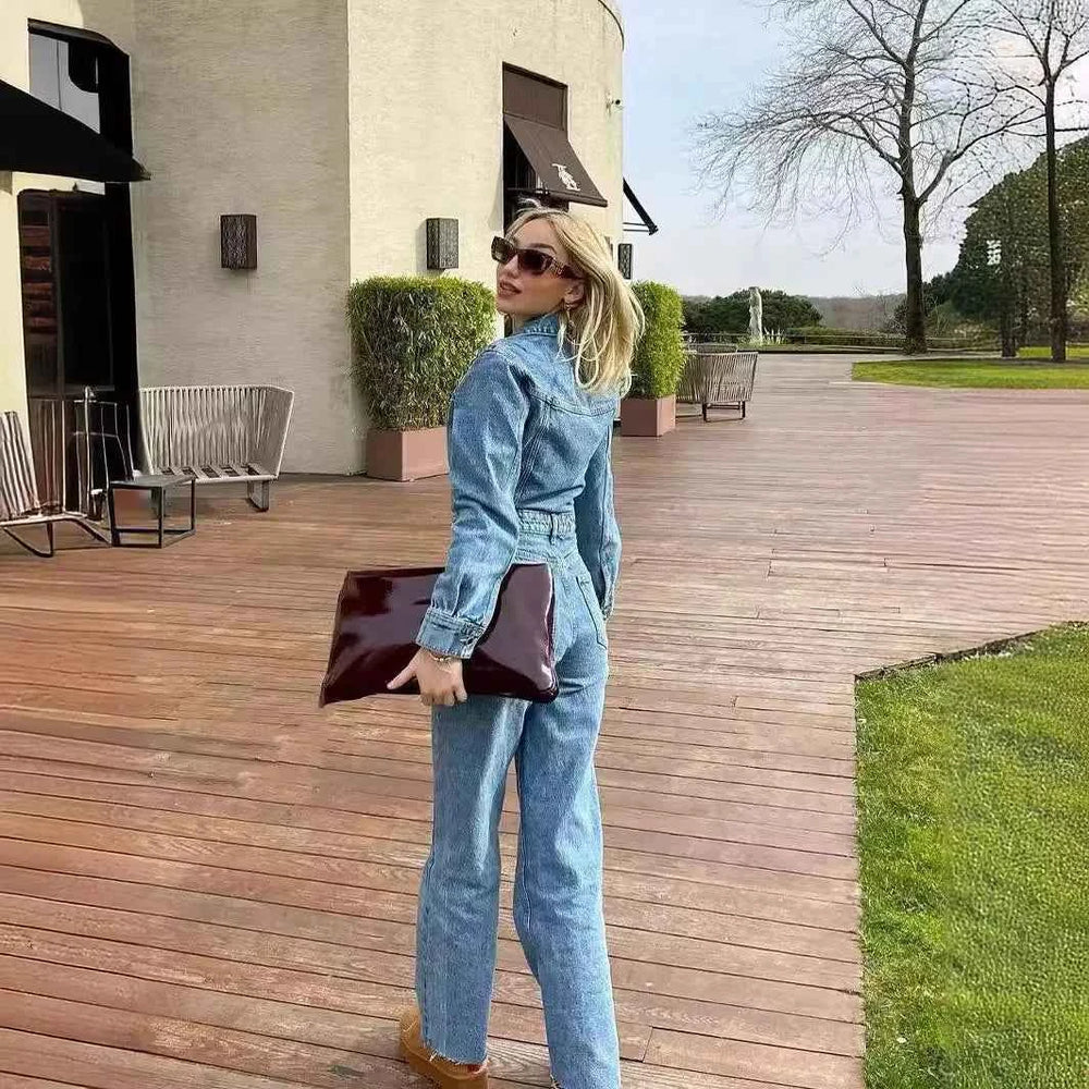 Women's Denim Jumpsuit – Tailored Fit, Button Closure, Long Sleeves, Tapered Legs