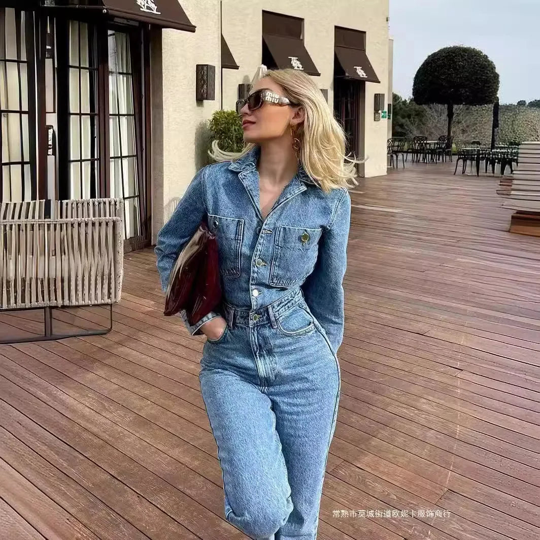Women's Denim Jumpsuit – Tailored Fit, Button Closure, Long Sleeves, Tapered Legs Blue