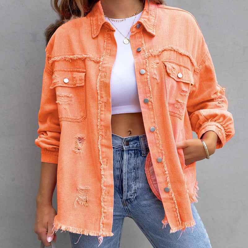 Women's Distressed Denim Jacket with Button Closure and Chest Pockets Orange