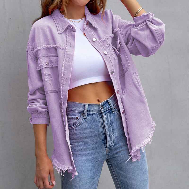 Women's Distressed Denim Jacket with Button Closure and Chest Pockets Purple
