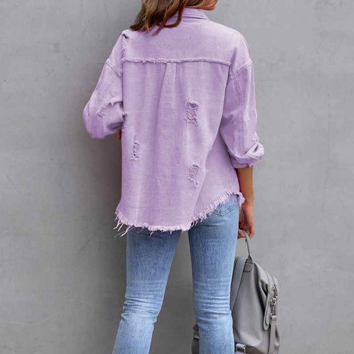 Women's Distressed Denim Jacket with Button Closure and Chest Pockets