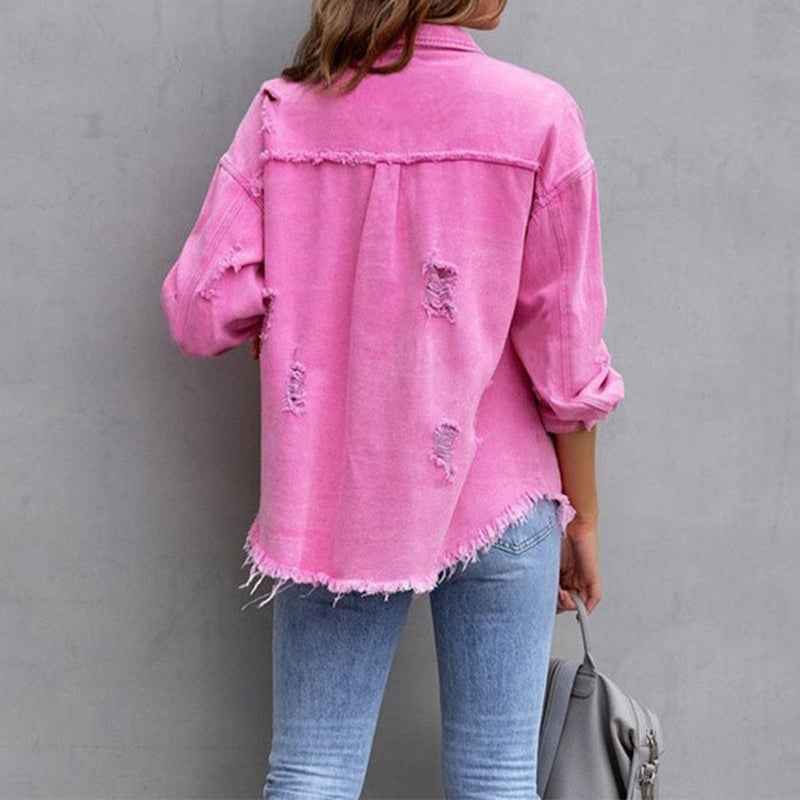 Women's Distressed Denim Jacket with Button Closure and Chest Pockets