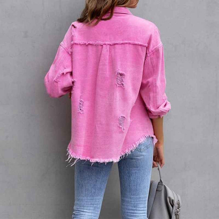 Women's Distressed Denim Jacket with Button Closure and Chest Pockets