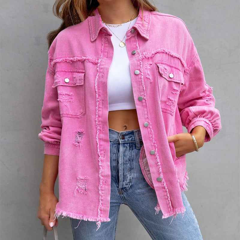 Women's Distressed Denim Jacket with Button Closure and Chest Pockets Pink