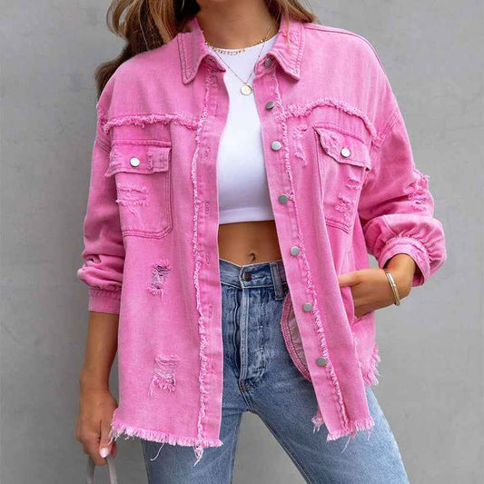 Women's Distressed Denim Button Closure Pockets Pink Winter Jacket Pink