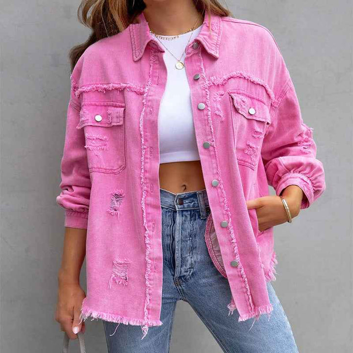 Women's Distressed Denim Jacket with Button Closure and Chest Pockets Pink