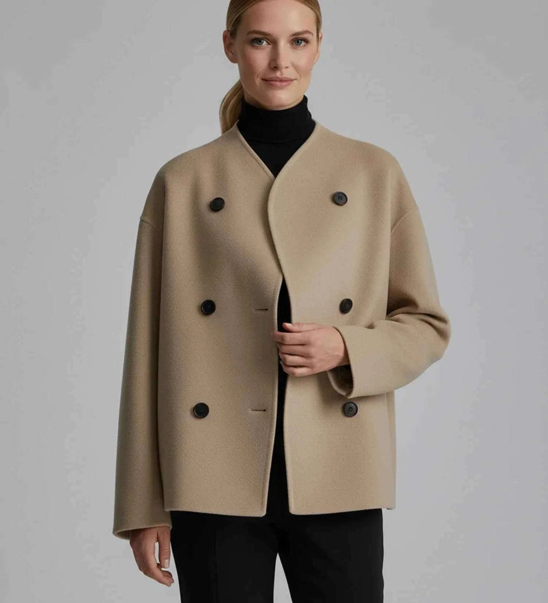 Women's Double-Breasted Collarless Short Coat Khaki