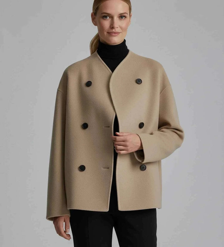 Women's Double-Breasted Collarless Short Coat Khaki