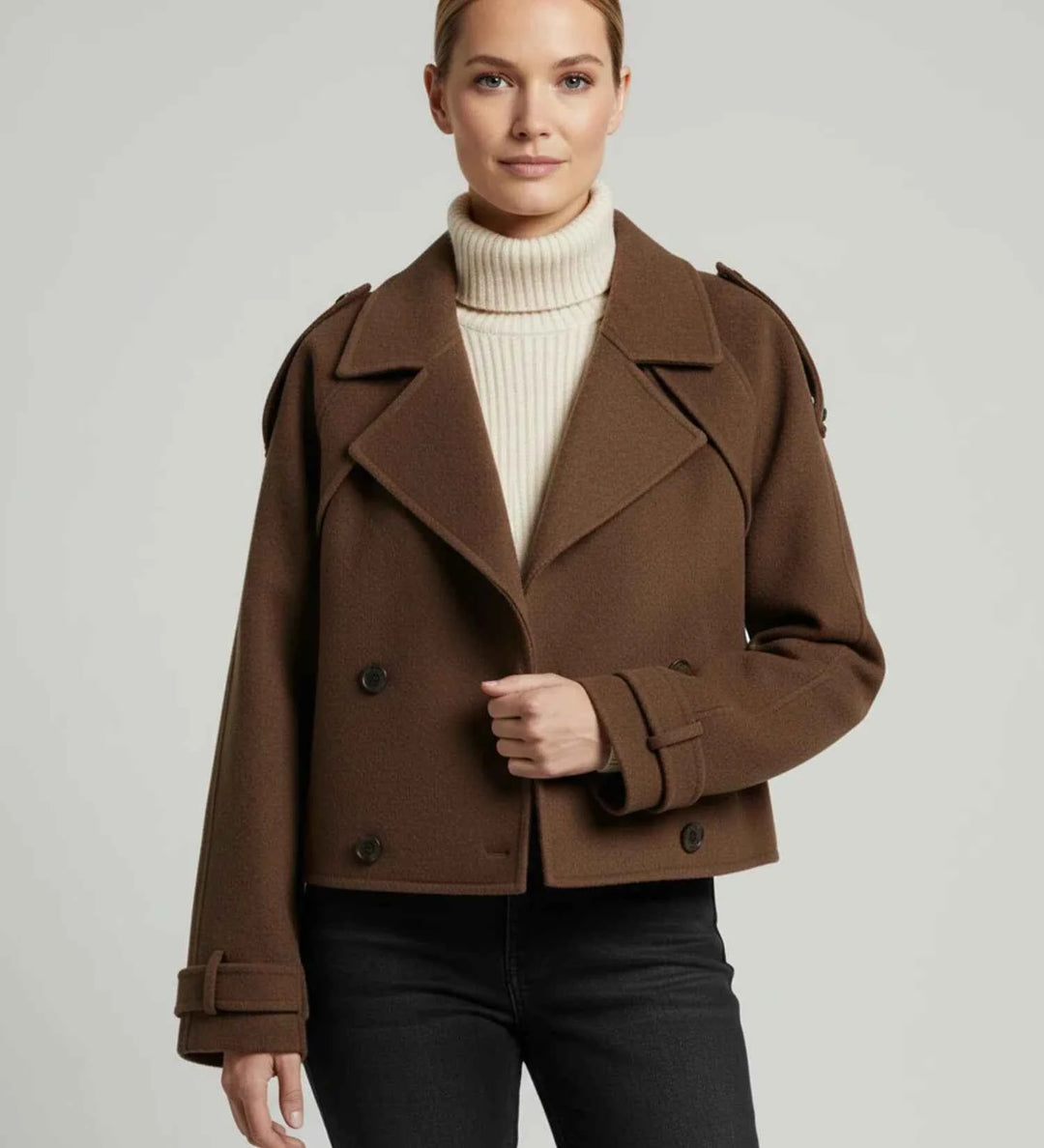 Women's Double-Breasted Cropped Coat Brown