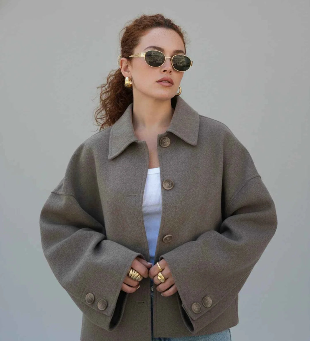 Women's Double-Breasted Cropped Pea Coat Taupe